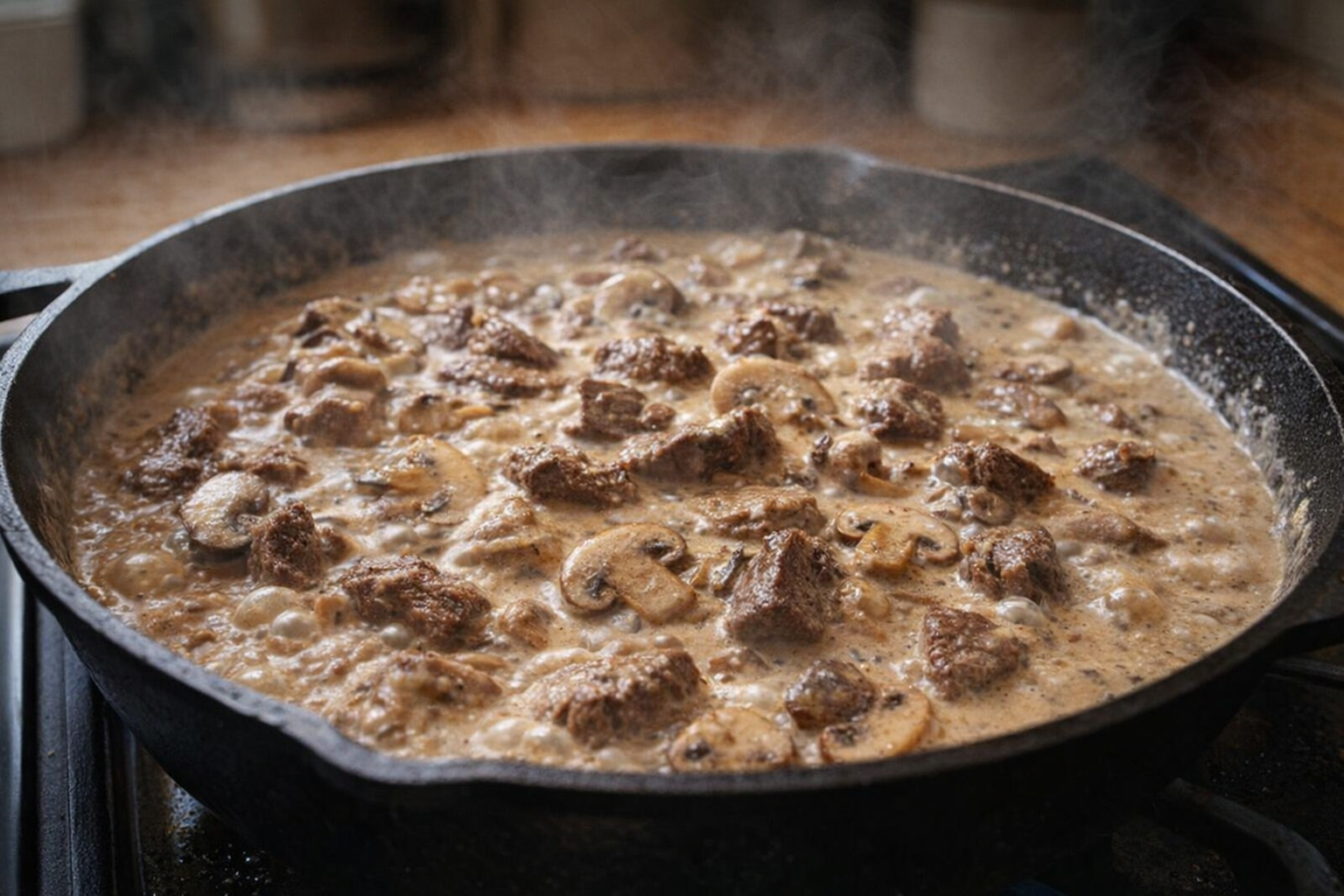 Medium shot of beef stroganoff simmering in a cast iron skillet, creamy sauce bubbling gently, mushrooms and beef visible, warm light